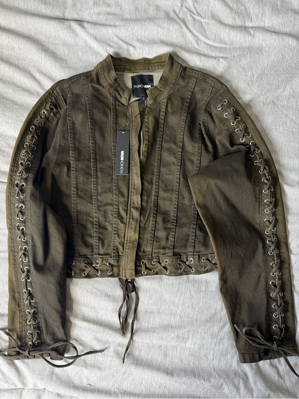 Fashion Nova Olive Green Lace-Up Utility Bomber Jacket